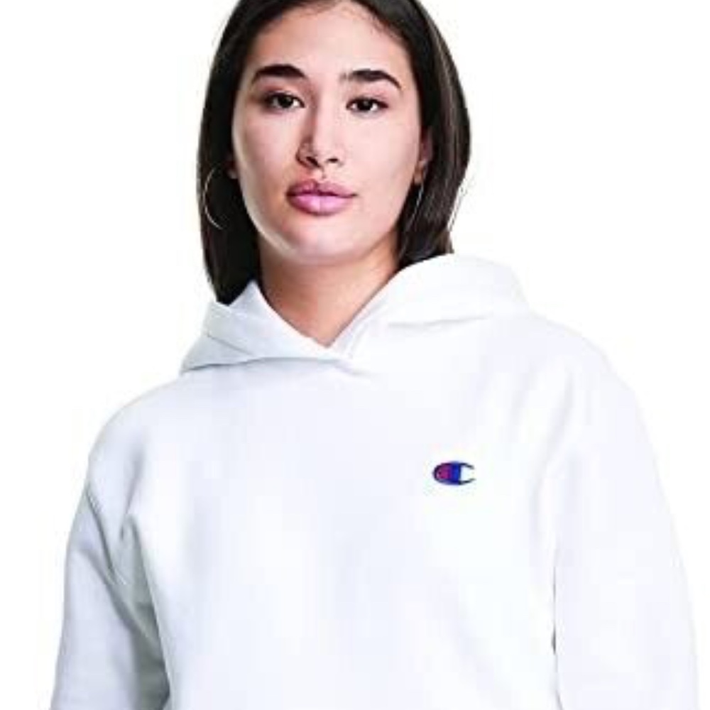 CHAMPION WOMEN REVERSE WEAVE OPEN BOTTOM PULLOVER HOODIE "C" LOGO - WHITE
